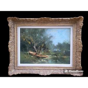 Oil On Canvas Signed Lievin D. 'boat At The Pond' From The 19th Century