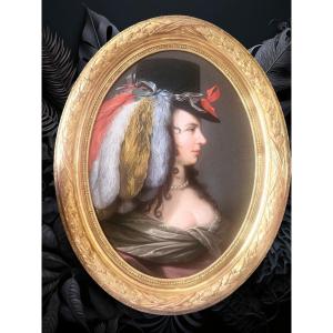 Rare Oil Painting On Canvas XVIII Representing Theroigne De Mericourt, Gilded Frame With Leaf