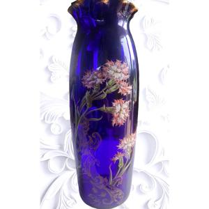 Vase Legras Pompadour bleu émaillé  fin XIXeme