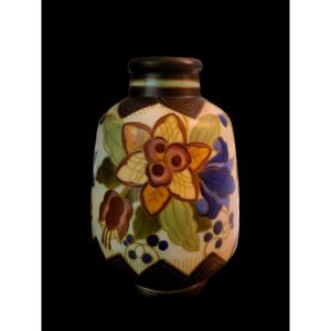 Kéramis Ceramic Vase With Floral Decoration From The 1930s, Decorator Charles Catteau