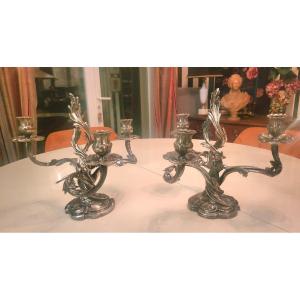 Pair Of Rocaille Style Candelabra In Silvered Bronze By Victor Saglier 