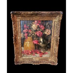 Oil On Canvas Still Life With Roses Signed Courtens Herman - 19th Century