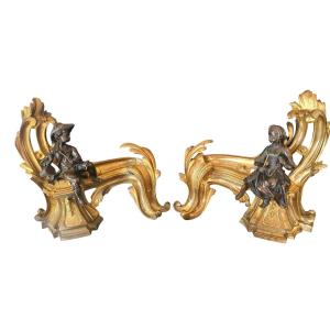 Paire de chenets en bronze doré, style Louis XV, époque XIXeme signée Bouhon Freres