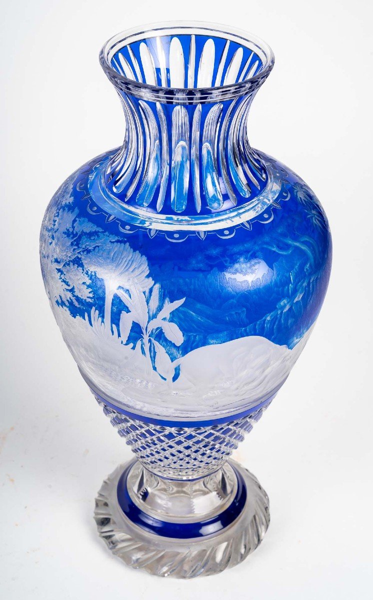 Large Blue And White Overlay Vase Attributed To "baccarat" Or St Louis 1870-photo-1