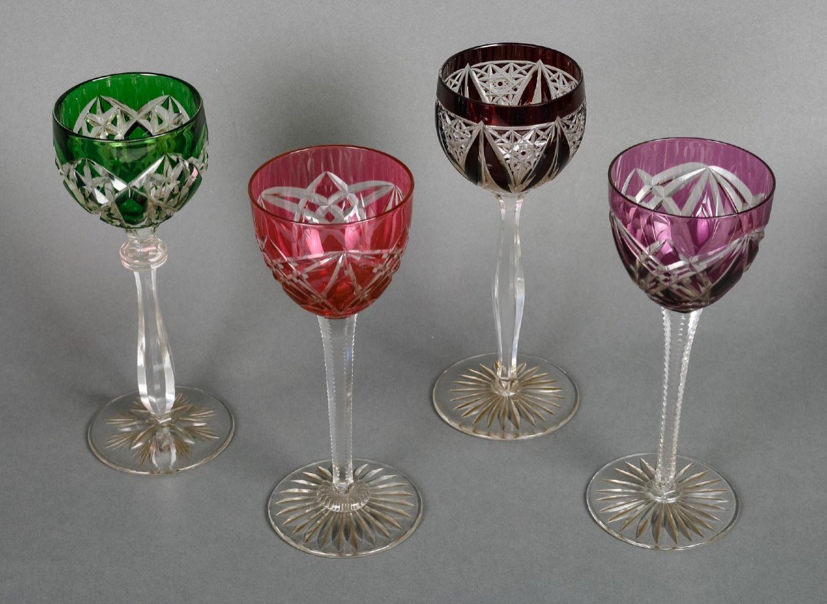 Four Rhine Wine Glasses Overlay "st Louis And Baccarat" 19th Century-photo-2