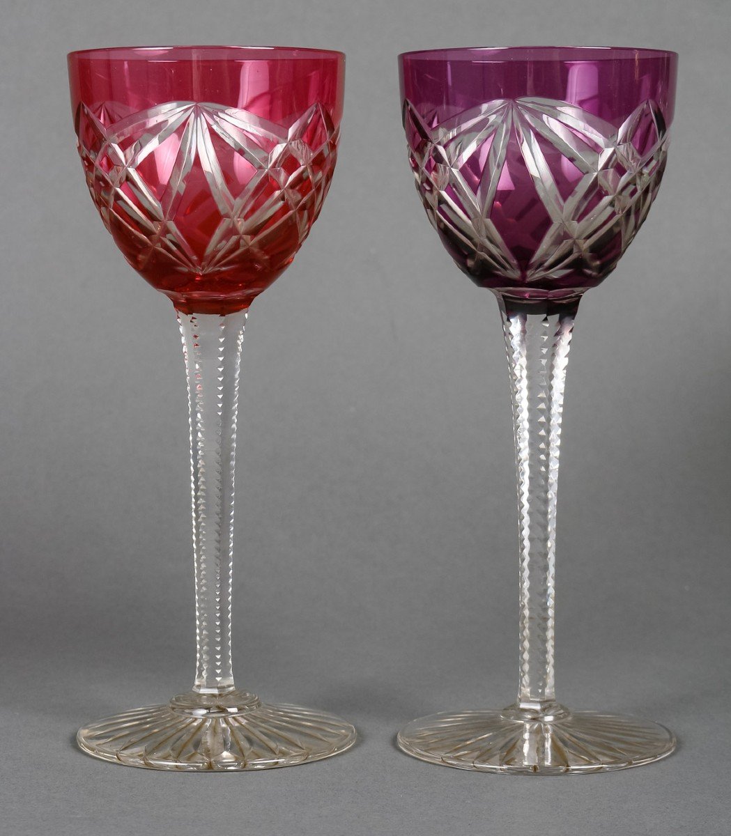 Four Rhine Wine Glasses Overlay "st Louis And Baccarat" 19th Century-photo-3