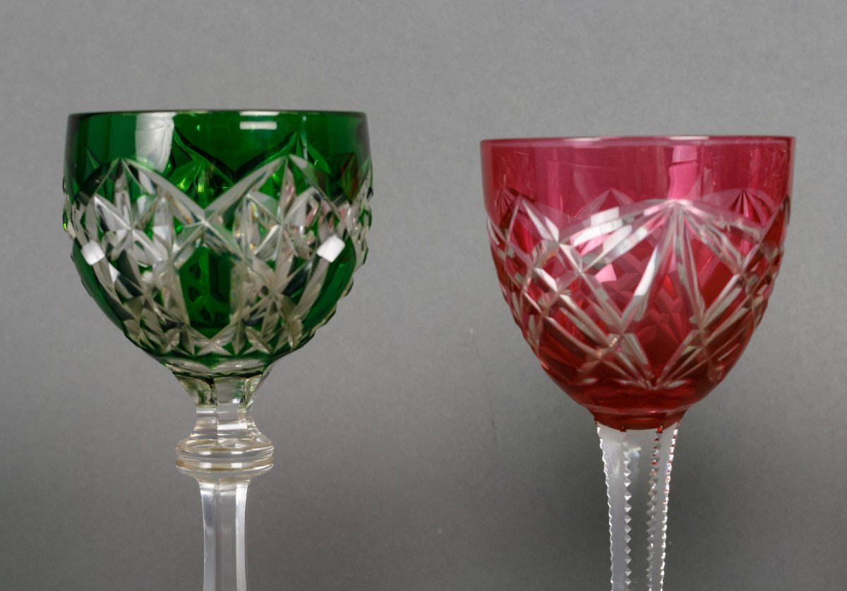 Four Rhine Wine Glasses Overlay "st Louis And Baccarat" 19th Century-photo-4