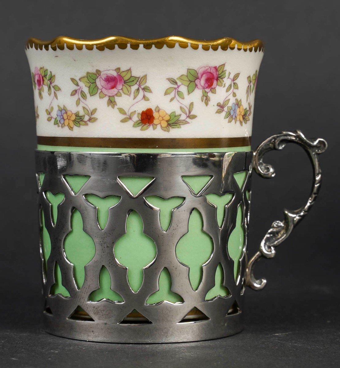 Six Tasses Anglaises porcelaine "Aynsley "et argent " Sheffield "-photo-3