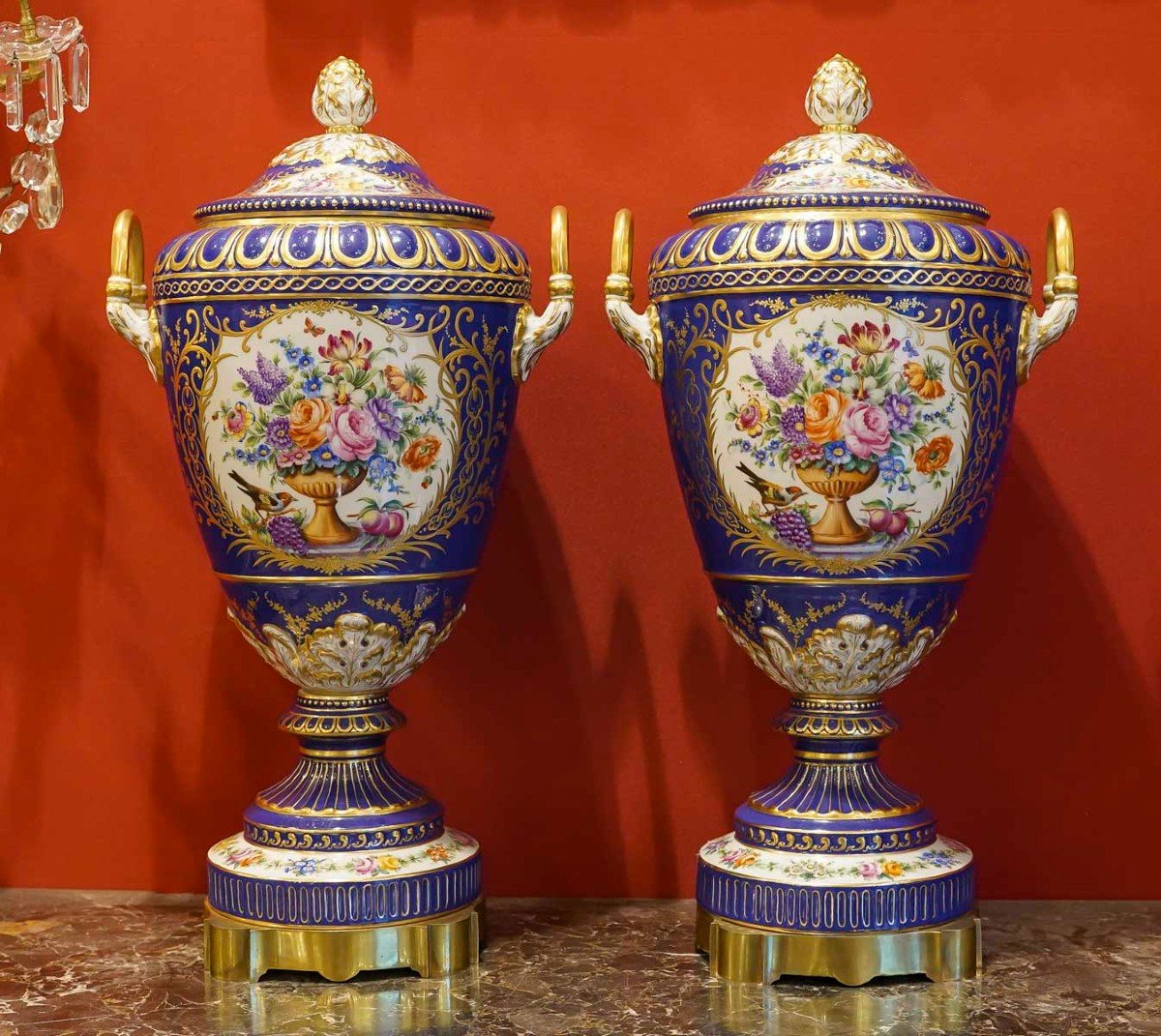 Le Tallec "pair Of Very Large Covered Sèvres Blue Pots" With 18th Century Flower Patterns-photo-1