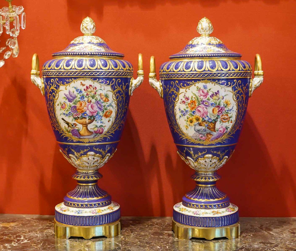 Le Tallec "pair Of Very Large Covered Sèvres Blue Pots" With 18th Century Flower Patterns