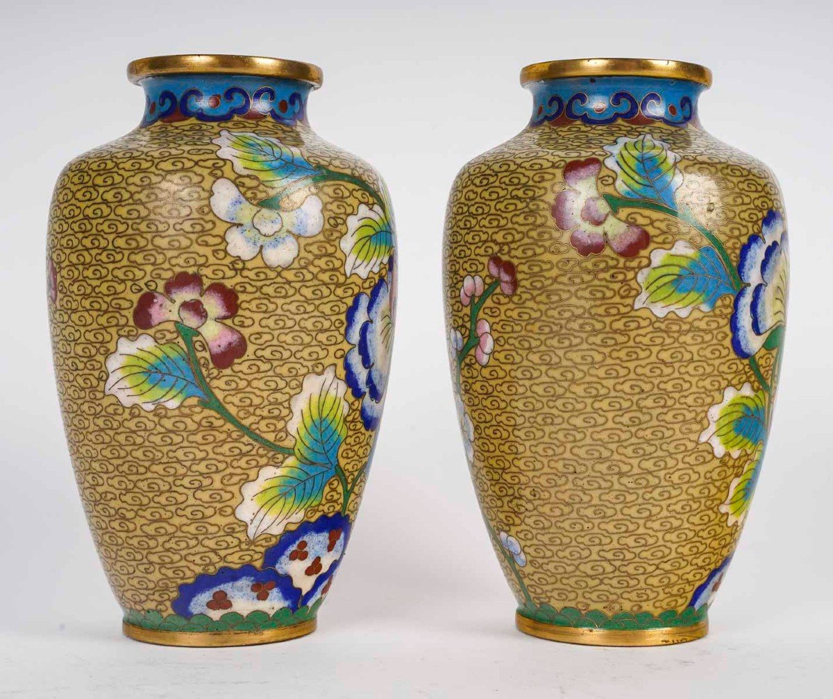 Paire de petits Vases Cloisonnés   aux Pensées  -photo-3