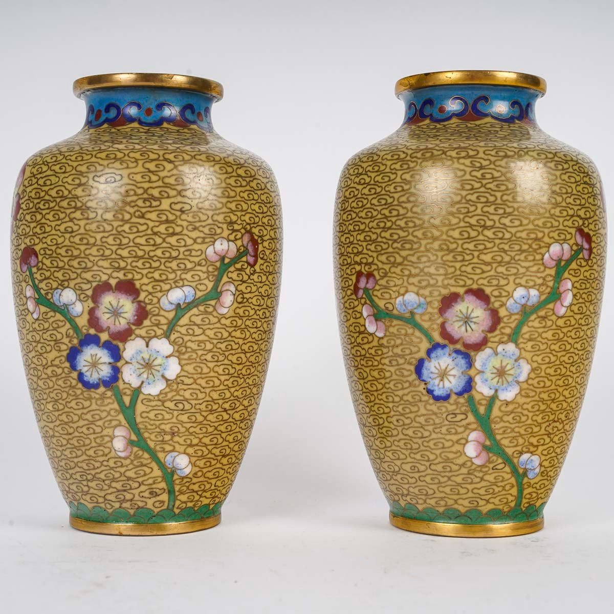 Paire de petits Vases Cloisonnés   aux Pensées  -photo-4