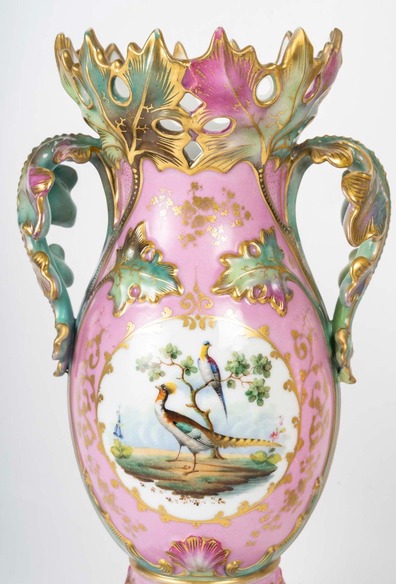 Pair Of Pink And Green Vases "paris 1835" With Flowers And Birds-photo-2