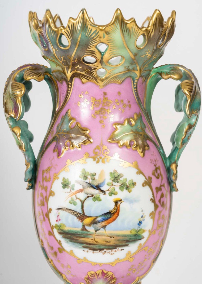 Pair Of Pink And Green Vases "paris 1835" With Flowers And Birds-photo-3