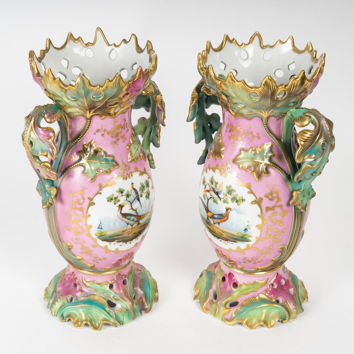 Pair Of Pink And Green Vases "paris 1835" With Flowers And Birds-photo-4