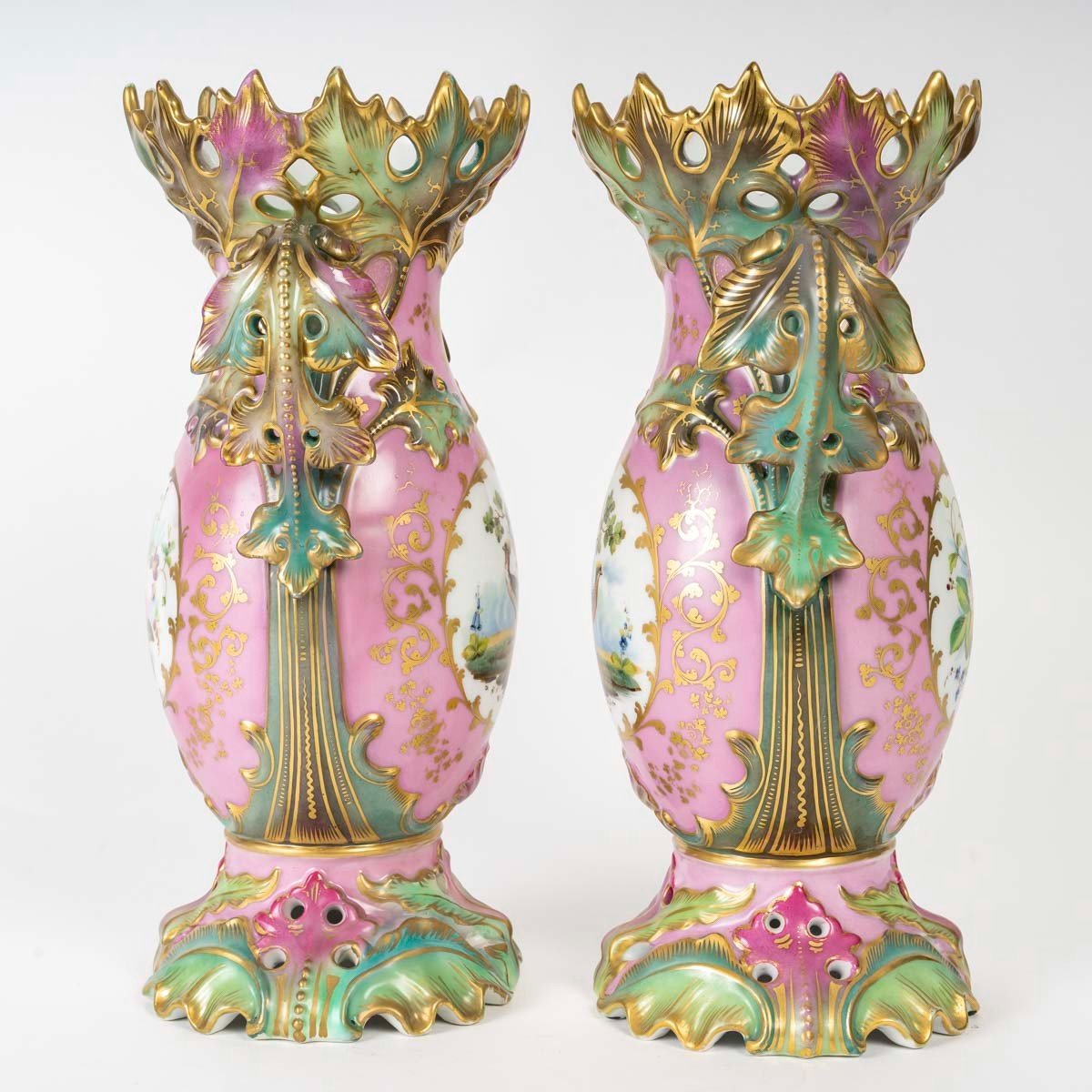 Pair Of Pink And Green Vases "paris 1835" With Flowers And Birds-photo-1