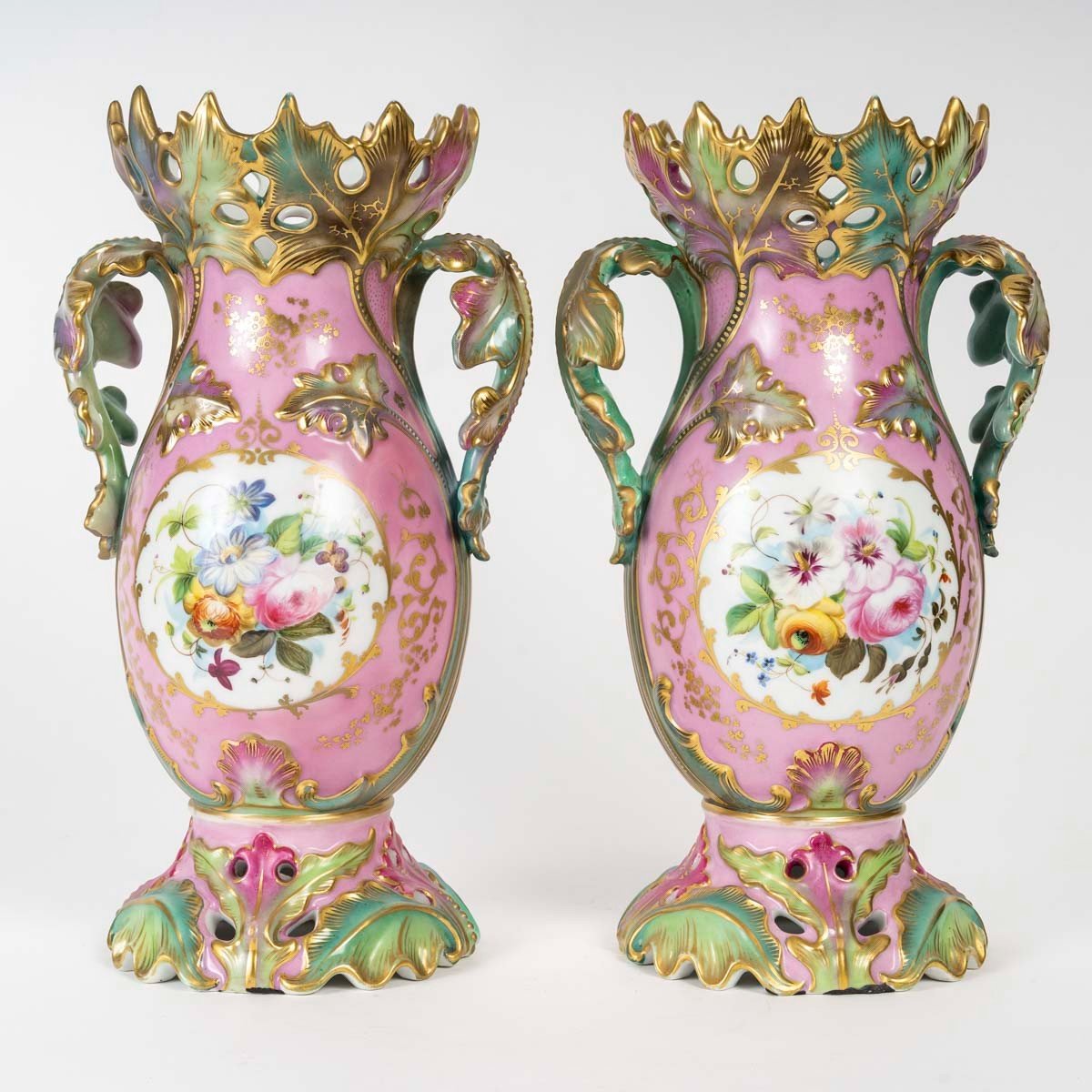 Pair Of Pink And Green Vases "paris 1835" With Flowers And Birds-photo-2