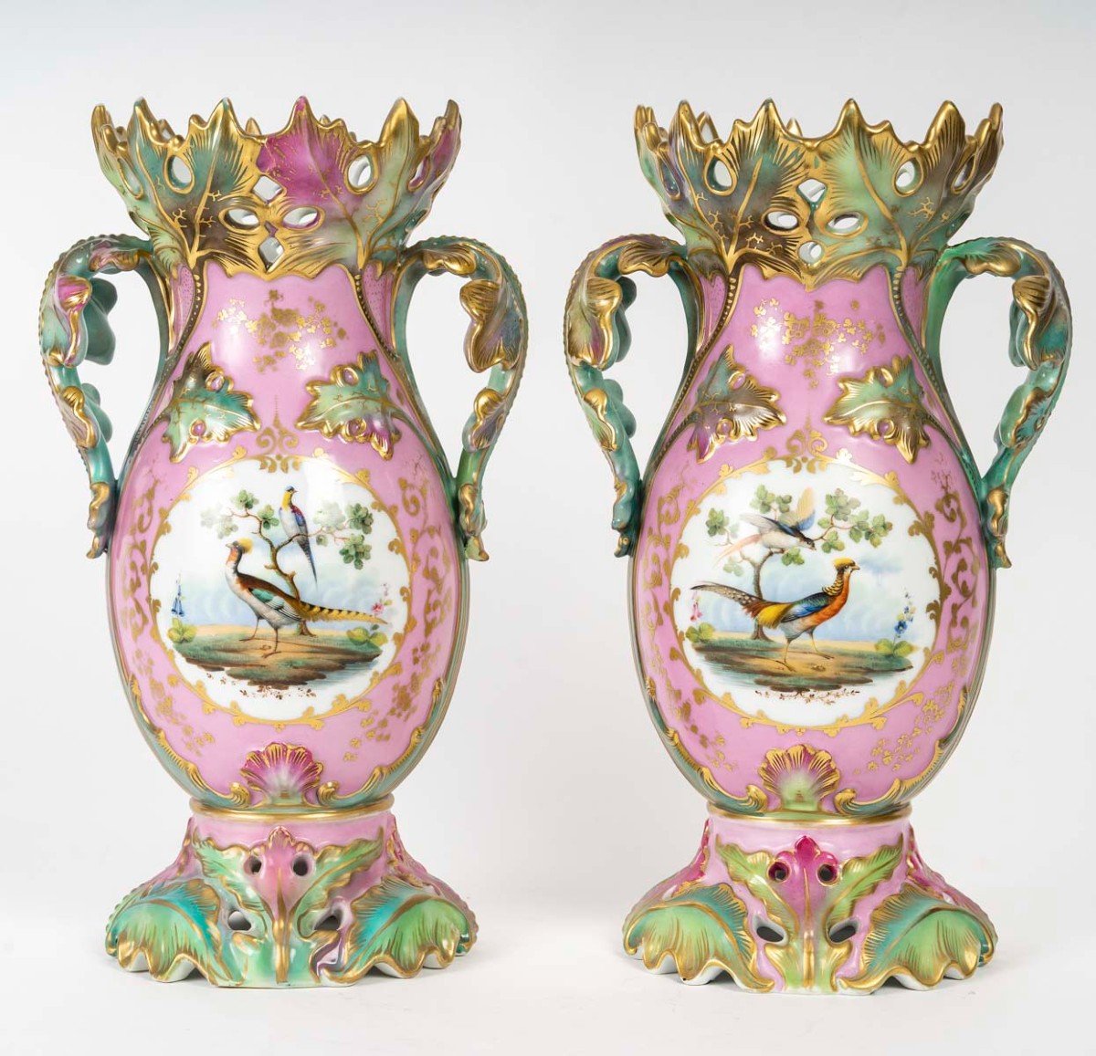 Pair Of Pink And Green Vases "paris 1835" With Flowers And Birds