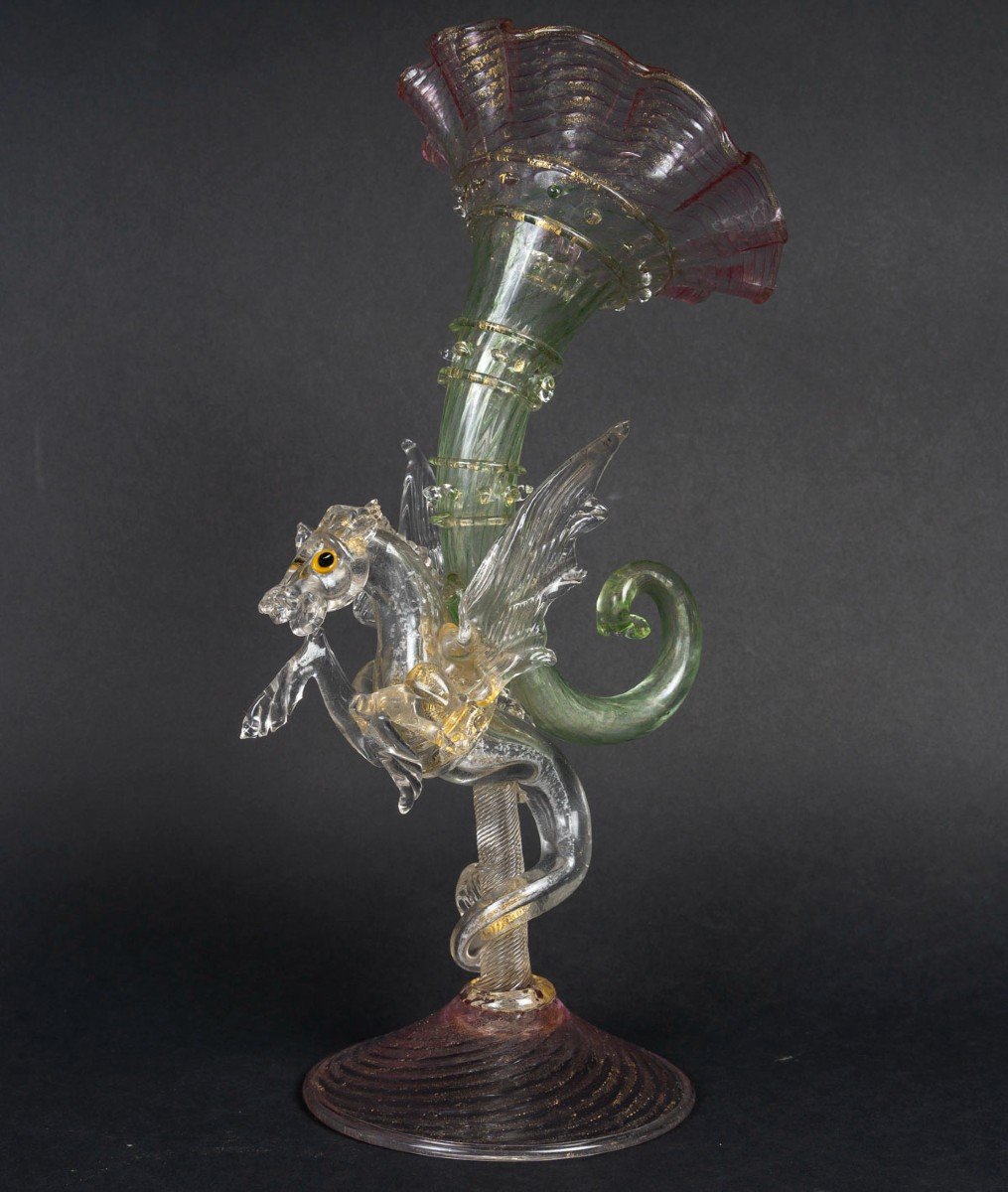 Venise ( Murano )" Vase cornet au Cheval Marin : Pégas "Salviati 1875/1880 -photo-7