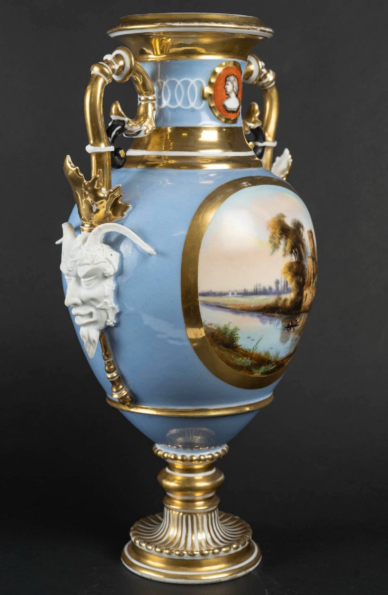 Lavender Blue Paris Amphora Vase With Landscape Decoration (19th Century)-photo-4