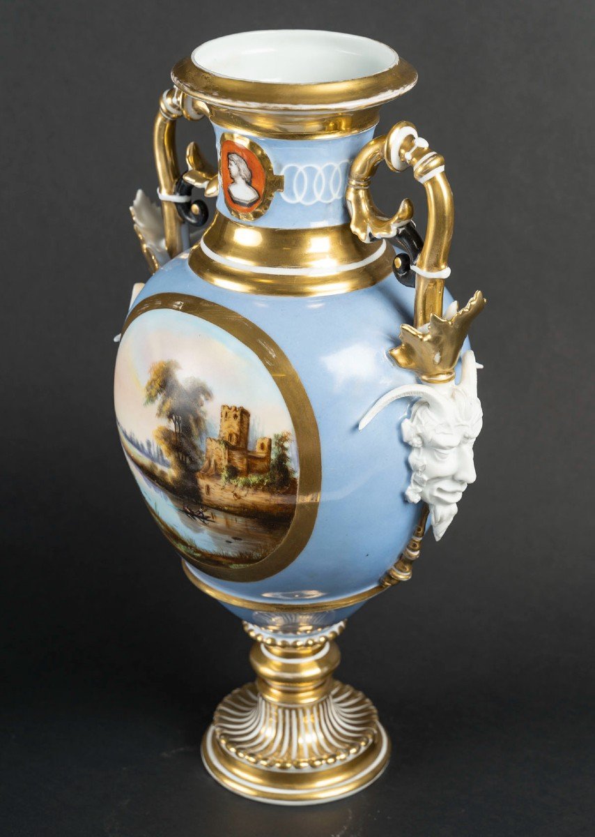 Lavender Blue Paris Amphora Vase With Landscape Decoration (19th Century)-photo-4