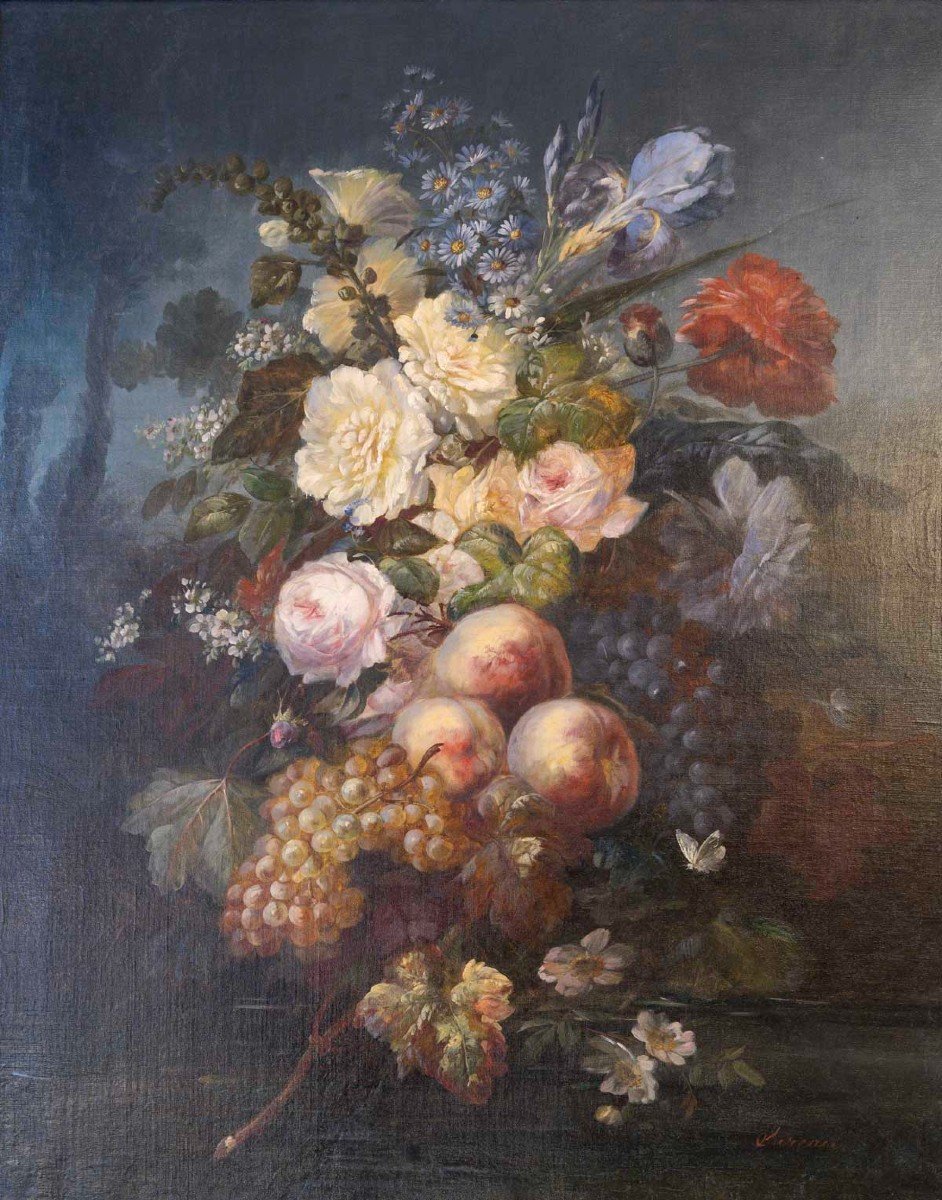 Chéreau Claude Eugène (XIX /XXème ) BOUQUET de Fleurs et Fruits -photo-2