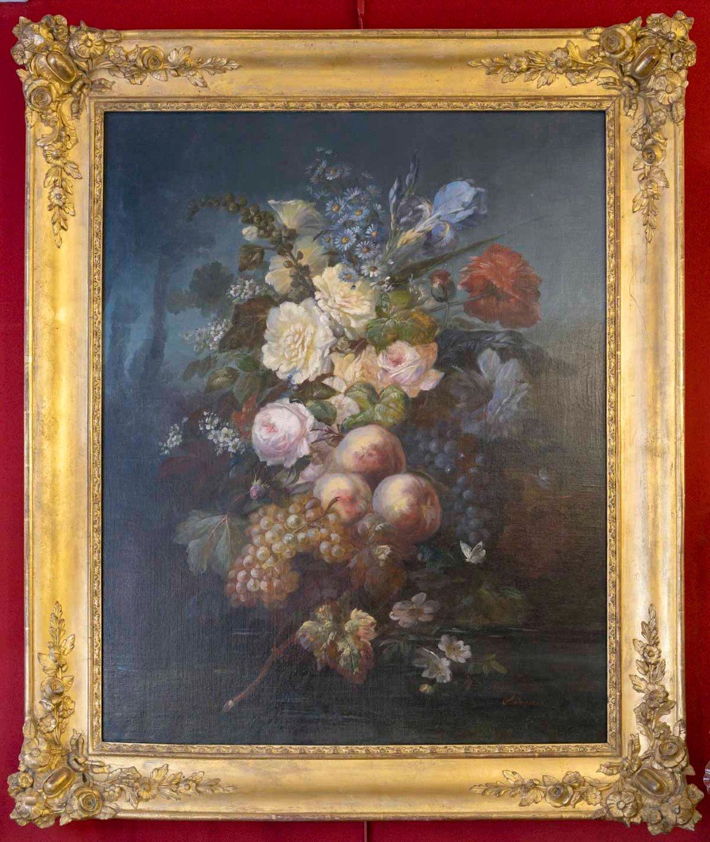 Chéreau Claude Eugène (XIX /XXème ) BOUQUET de Fleurs et Fruits 