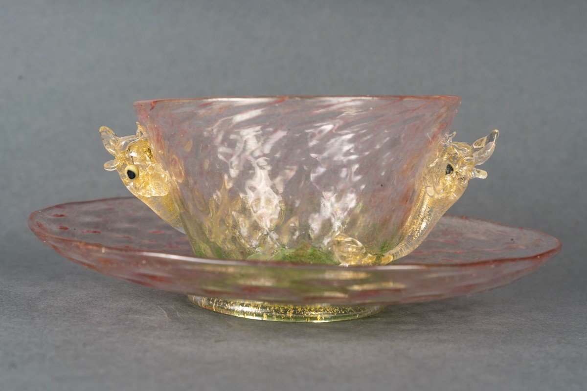 Salviati Dott.antonio 1875 Six Finger Bowls And Six Green And Pink Saucers With Dolphins-photo-4