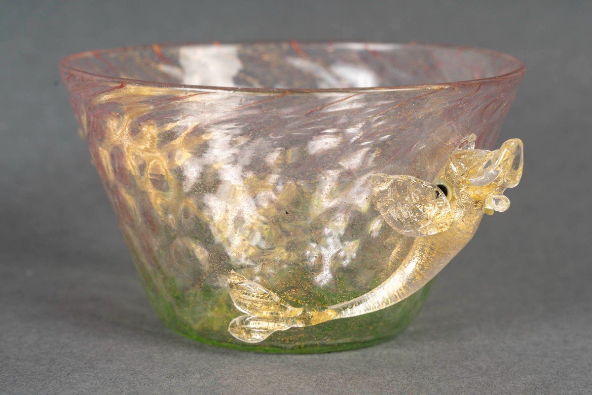 Salviati Dott.antonio 1875 Six Finger Bowls And Six Green And Pink Saucers With Dolphins-photo-2