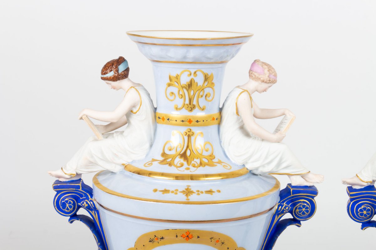 Pair Of Biscuit And Porcelain Vases "la Lecture"  Gibus 1870-photo-2