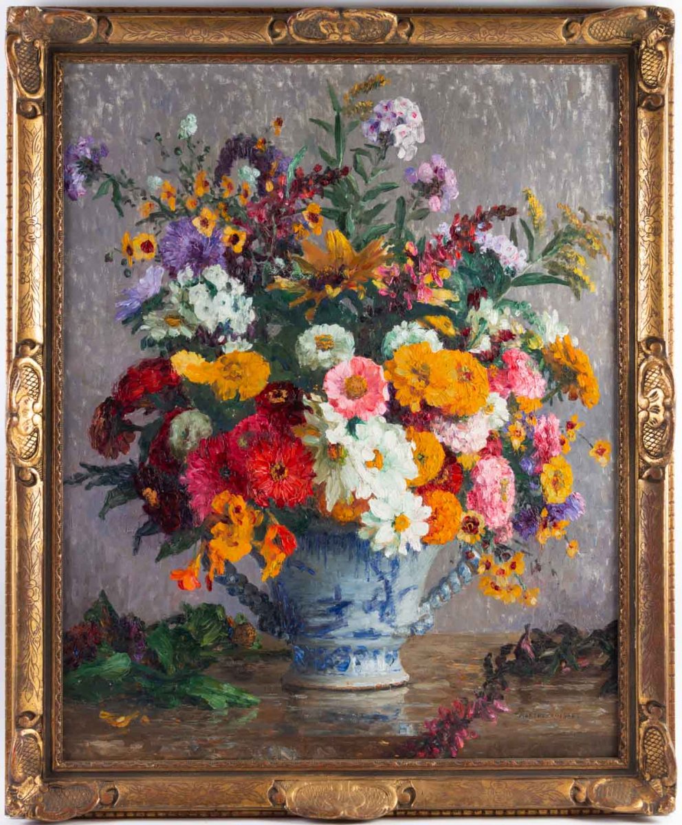 Marthe Moisset (1871 1945) Floral Composition In A Delft Vase