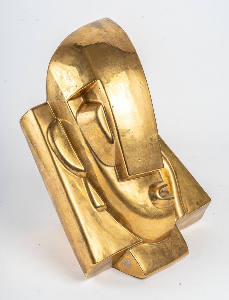 Golden Ceramic Head After Joseph Csaky (1888-1971) Cubist-photo-2