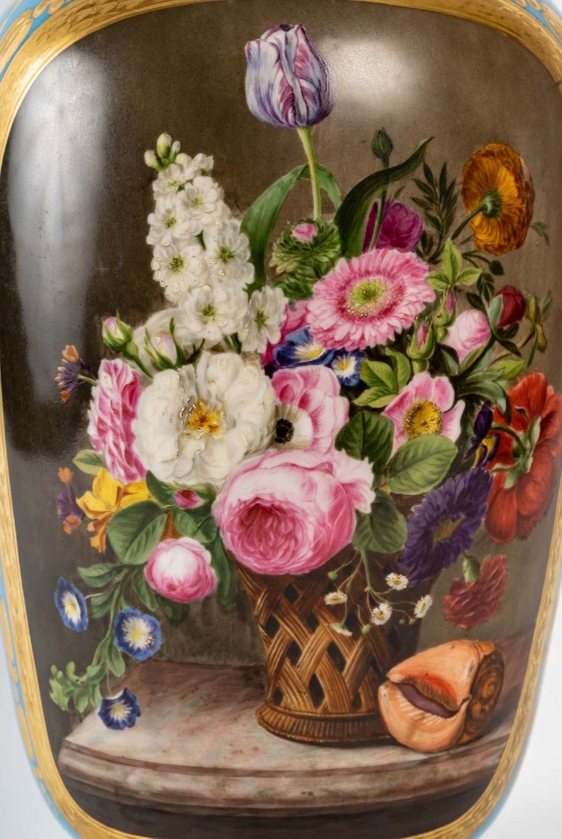 Vase  bleu céleste  " Bouquet de Fleurs au  Coquillage " 1850-photo-2