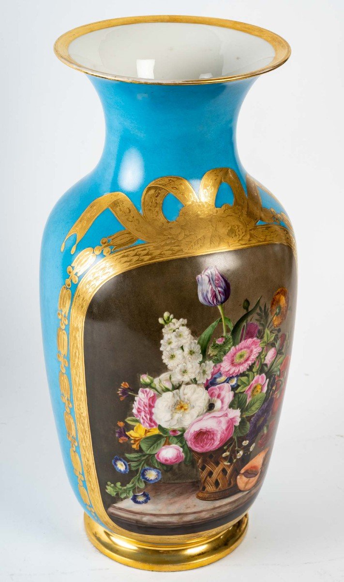 Vase  bleu céleste  " Bouquet de Fleurs au  Coquillage " 1850-photo-3