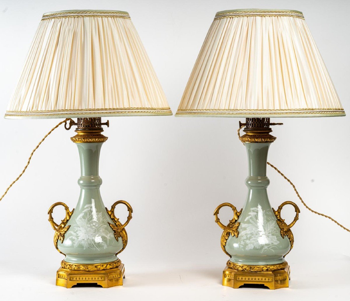 Pair Of Céladon Lamps "manufacture De Sèvres" 1850 Signed Gagneau-photo-2