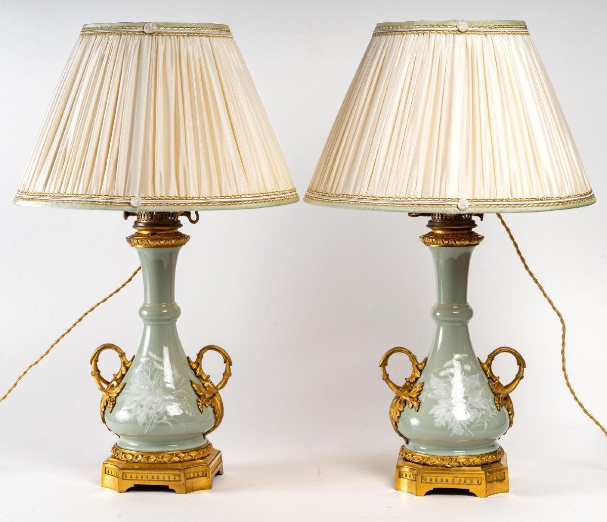 Pair Of Céladon Lamps "manufacture De Sèvres" 1850 Signed Gagneau