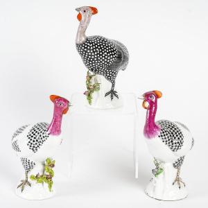 3 Guinea Fowls In Porcelain 1910 (germany, Sanson)