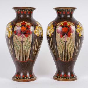 Paire de Vases Cloisonnés marrons et rouges aux Lotus( milieu XXéme )