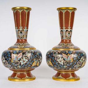 Pair Of Cloisonne Vases With Butterflies  