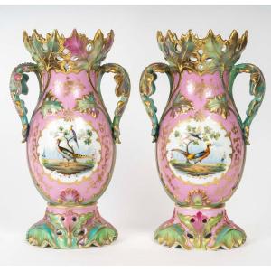 Pair Of Pink And Green Vases "paris 1835" With Flowers And Birds