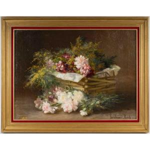 Corbeille de Pivoines et Mimosas "Barbaud- Koch "1862/1928