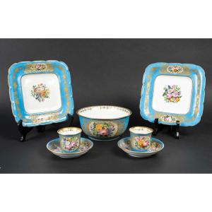 Ensemble ( 5 pieces)Paris Bleu Céleste Et Fleurs Polychromes " 1810 "