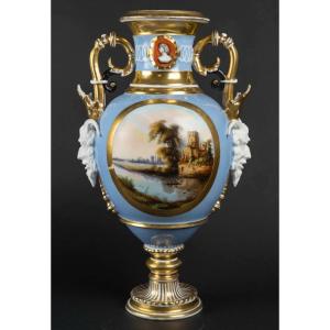 Lavender Blue Paris Amphora Vase With Landscape Decoration (19th Century)