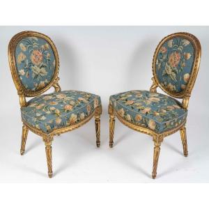 Pair Of St Louis XVI Blue Tapestry Chairs