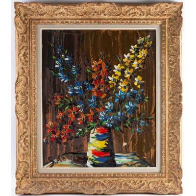 S. Abrys Circa 1950 Bouquet Of Red, Blue And Yellow Campanulas