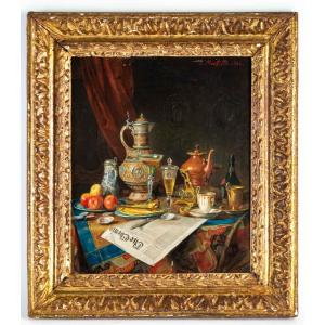 Nature morte aux Journal  ,verres et porcelaines  "J.MANFIELD 1886 "