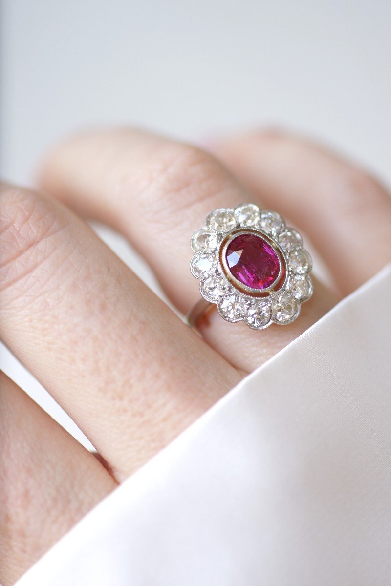 Edwardian Cluster Ring, Unheated Burmese Ruby 1.60 Cts, Diamond Surround-photo-3