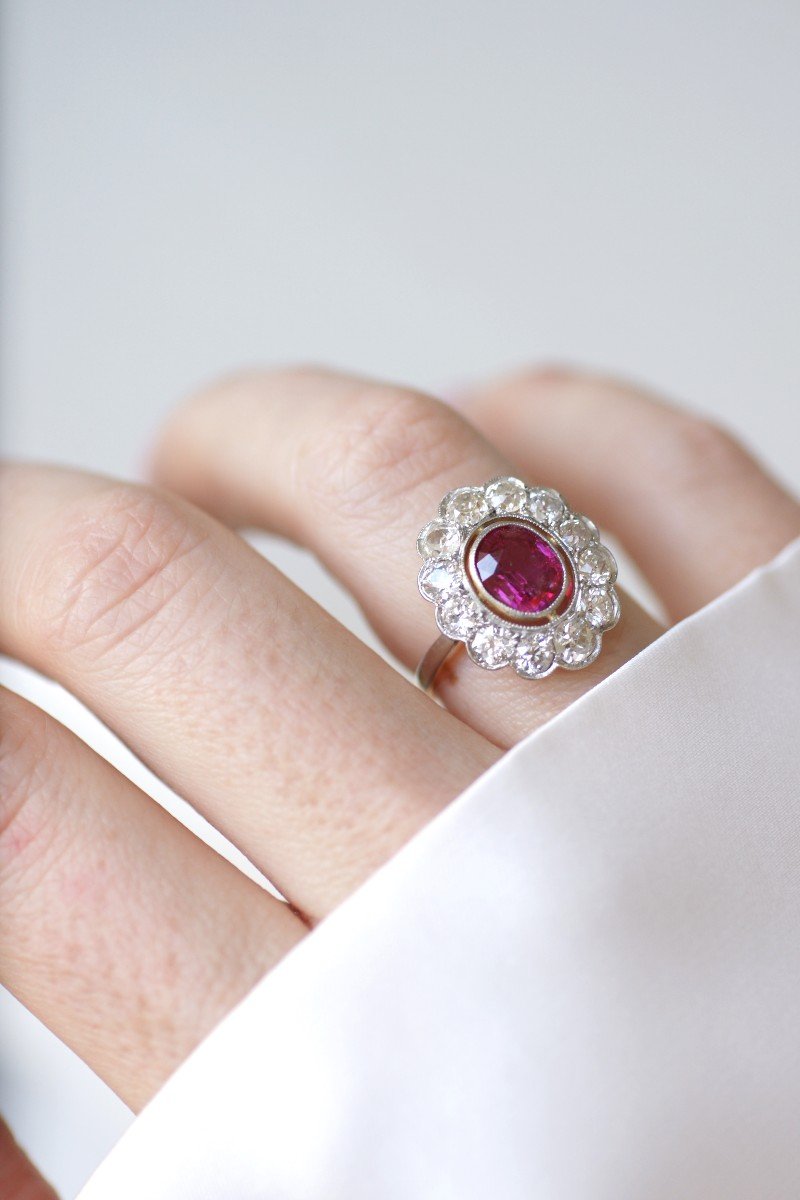 Edwardian Cluster Ring, Unheated Burmese Ruby 1.60 Cts, Diamond Surround-photo-4