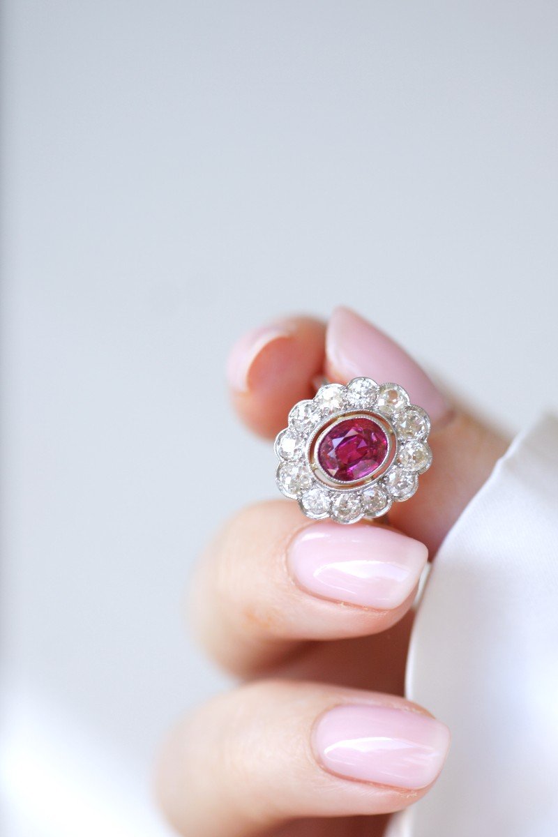 Edwardian Cluster Ring, Unheated Burmese Ruby 1.60 Cts, Diamond Surround-photo-5