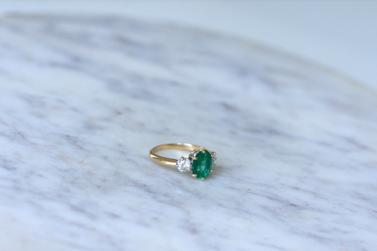 Vintage Trilogy Ring Emerald 2.20 Cts And Diamonds On Gold And Platinum-photo-4